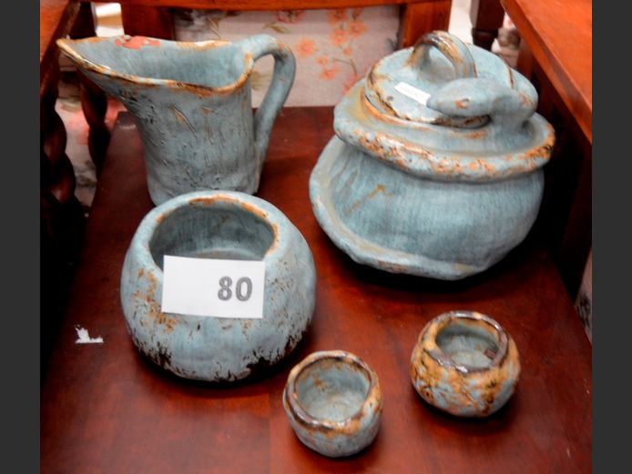 HAND THROWN POTTERY: "SNAKE" BOWL, PITCHER, LIDDED BOWL, etc