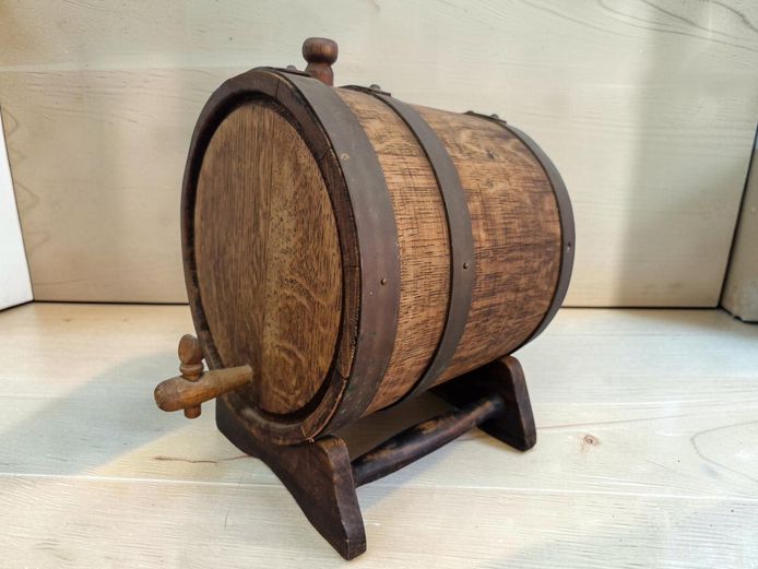 Vintage Oak Countertop Beverage Barrel with Wooden Stand