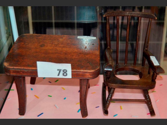 MINIATURE TABLE & MINIATURE ROCKING COMMODE ARMCHAIR