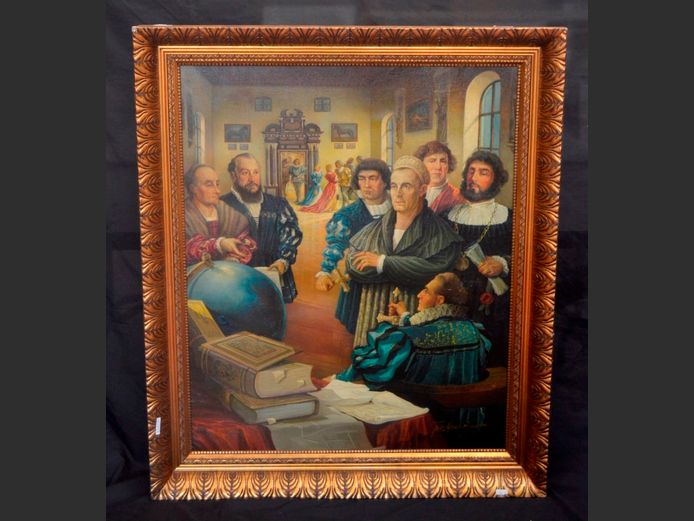 GILT ORNATELY FRAMED OIL ON CANVAS "GATHERING OF RENAISSANCE FIGURES", 107 x 87cm