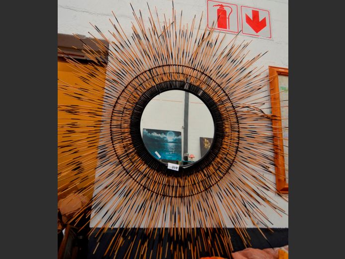 UNUSUAL METAL & WOOD CIRCULAR "QUILL" MIRROR, 180cm Diameter