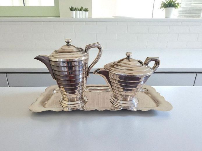 Art Deco Silver-Plated Tea & Coffee Pots on Tray