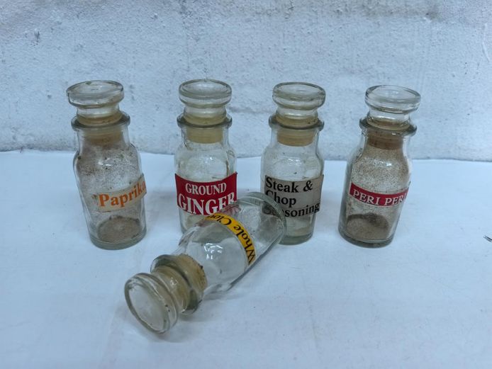 Set of 5 Vintage Glass Spice Jars with Stoppers