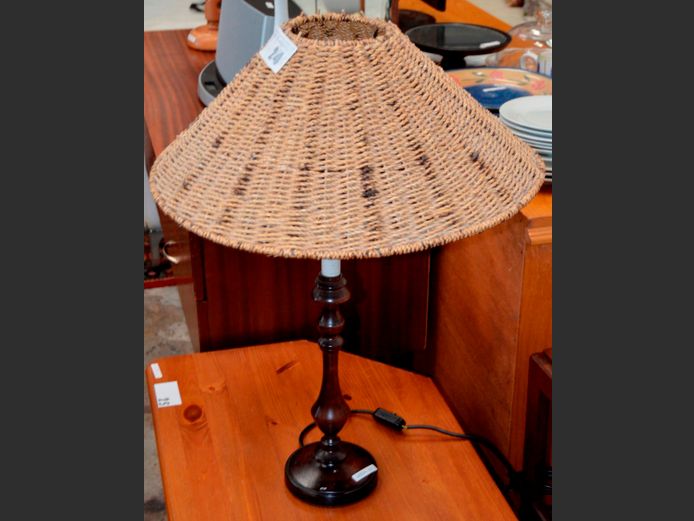 DARKWOOD TABLE LAMP WITH WOVEN SHADE, 65cm High