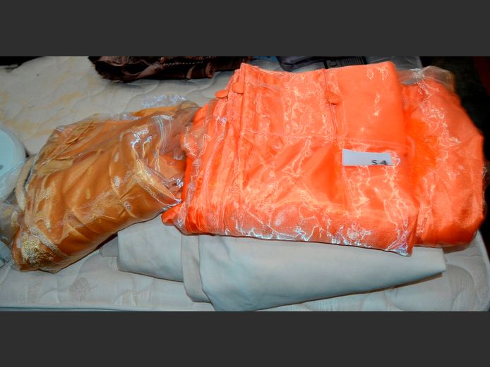 LOT: 2 x DROPS GOLD & ORANGE ORGANZA CURTAINS & FABRIC
