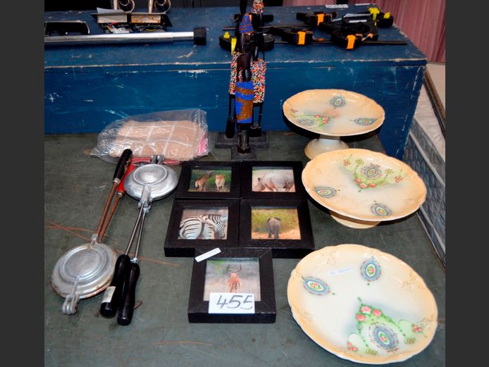 SET OF 3: GIBSON & SONS TAZZA STANDS & PLATE, AFRICAN FIGURINES, etc