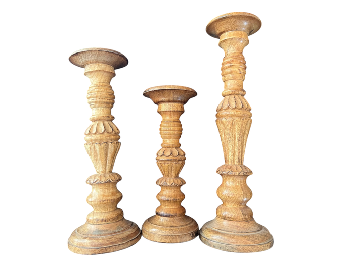 Hand-Carved Wooden Candlesticks – Set of 3