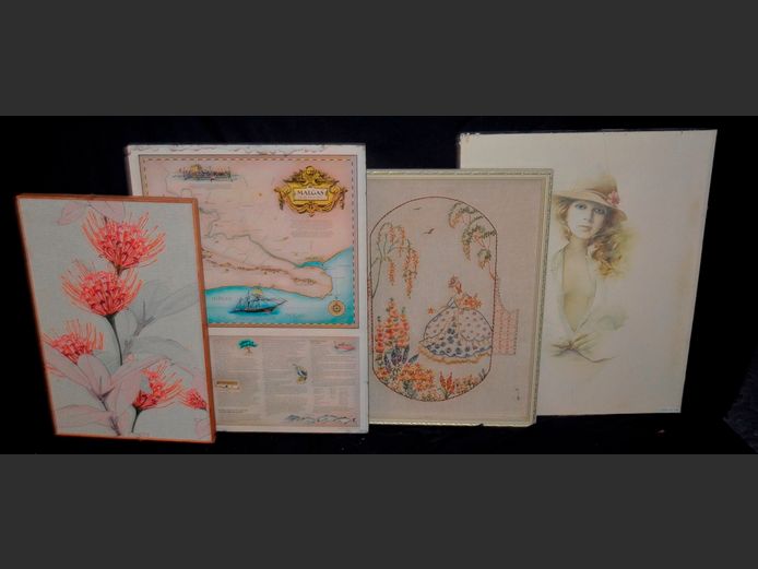 FRAMED NEEDLEPOINT, FRAMED MAP, etc