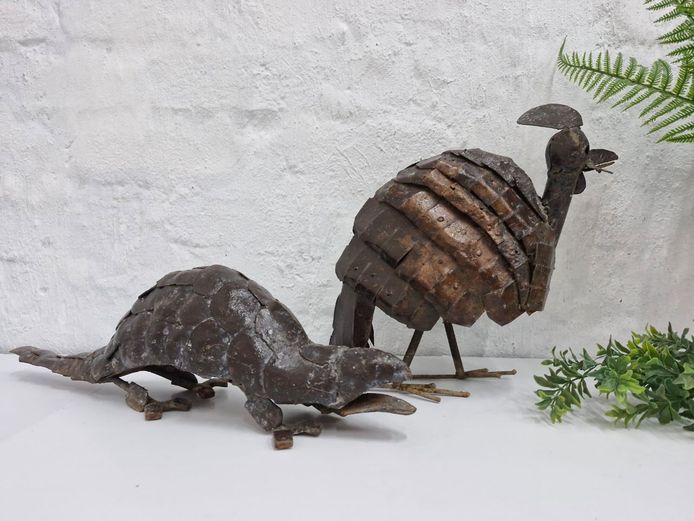 Rustic Metal Garden Sculpture Duo: Bird and Pangolin