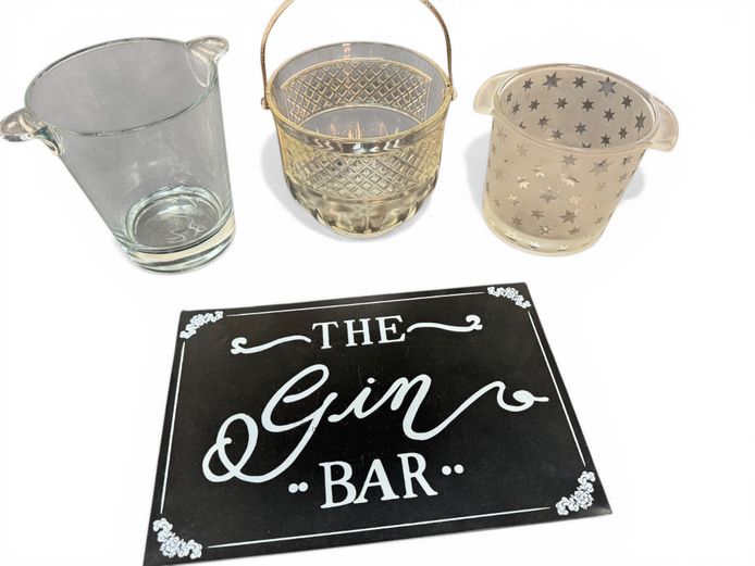 Set of 3 Glass Ice Buckets + Gin Bar Sign 