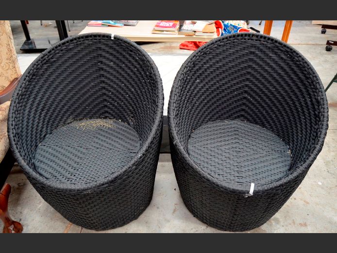 PAIR BLACK ALL WEATHER WICKER PATIO TUB CHAIRS
