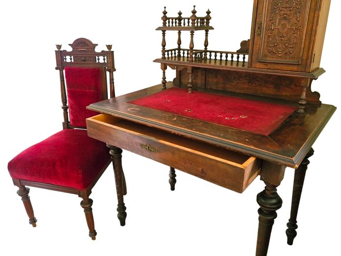 19th Century Walnut Neo-Renaissance Secretary Desk & Chair