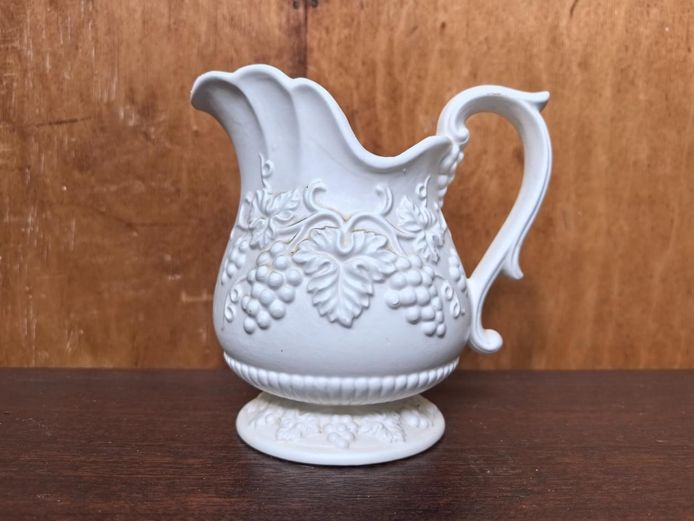 Vintage White Ceramic Creamer Pitcher with Relief Grape Vine Pattern