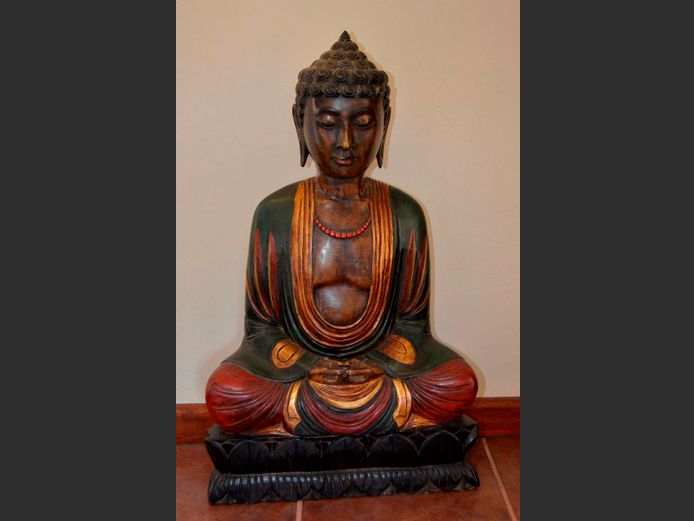 ROSEWOOD CARVED & HAND PAINTED MEDITATING BUDDHA, 45 x 16 x 75cm