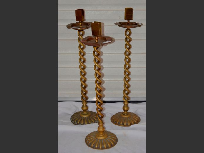 SET OF 3 VINTAGE BRASS BARLEY TWIST SMOKER'S STANDS, 63cm High