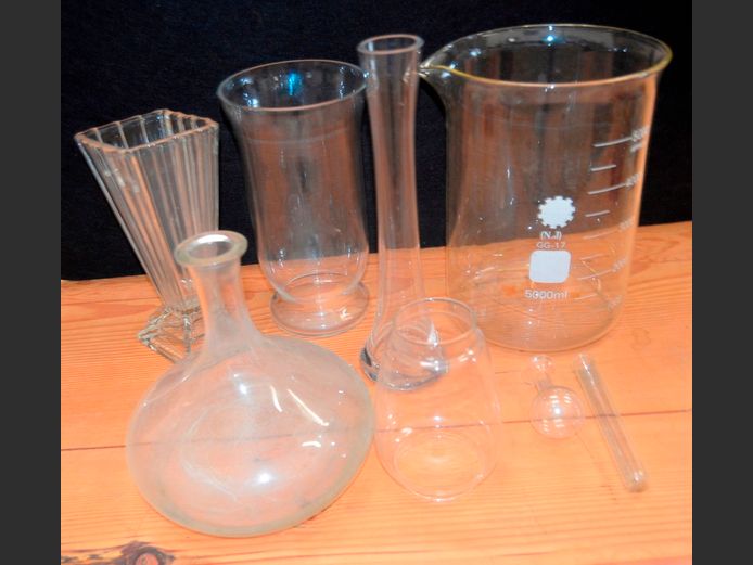 LARGE BEAKER, DECANTER, VASES, etc
