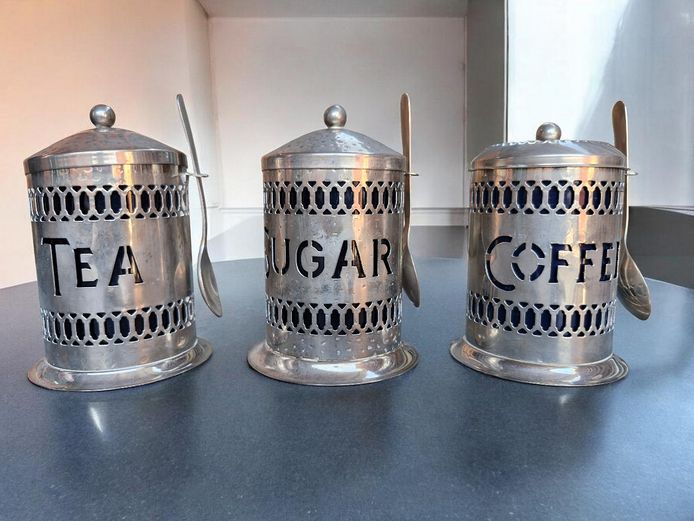 Silver Plated Tea, Sugar & Coffee Canister Set with Lids & Spoons