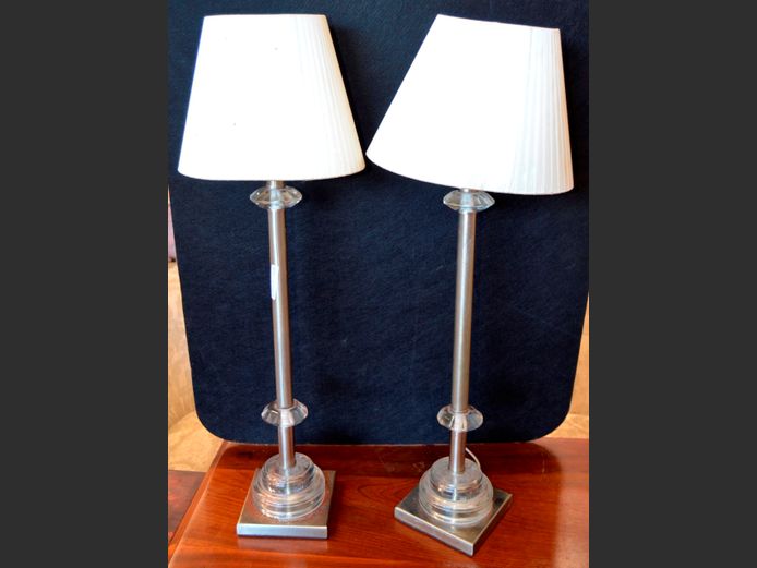 PAIR ACRYLIC & CHROME LAMPS WITH SHADES, 66cm High [Some rust]