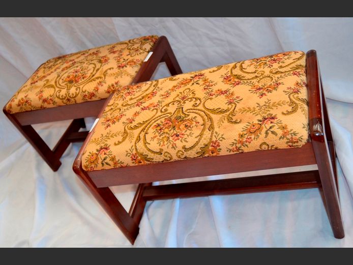 PAIR IMBUIA & TAPESTRY UPHOLSTERED FOOTSTOOLS, 52 x 27 x 30cm