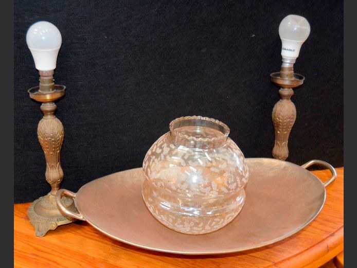 PAIR BRASS LAMPS, 47cm High [No shades] & A METAL FRUIT BOWL, 54 x 33cm