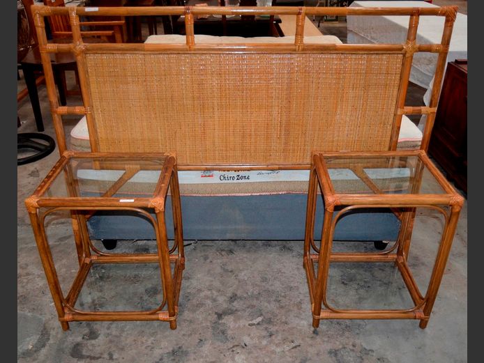 CANE DOUBLE HEADBOARD WITH PAIR SIDE TABLES