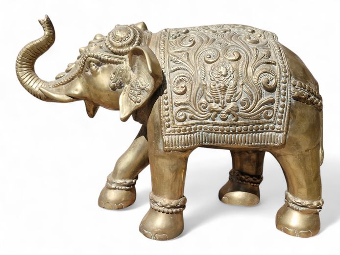 RARE!! Large Heavy Brass Elephant Statue with Ornate Carvings