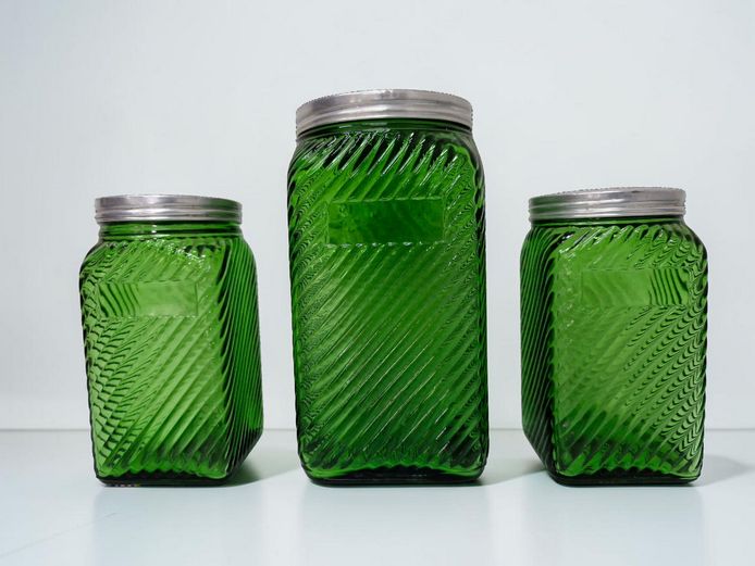 1930's Owens-Illinois Green Glass Kitchen Canister Jars with Aluminum Lids