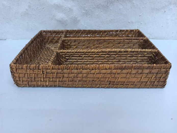 Hand-Woven Rattan 4-Compartment Cutlery Tray Organizer
