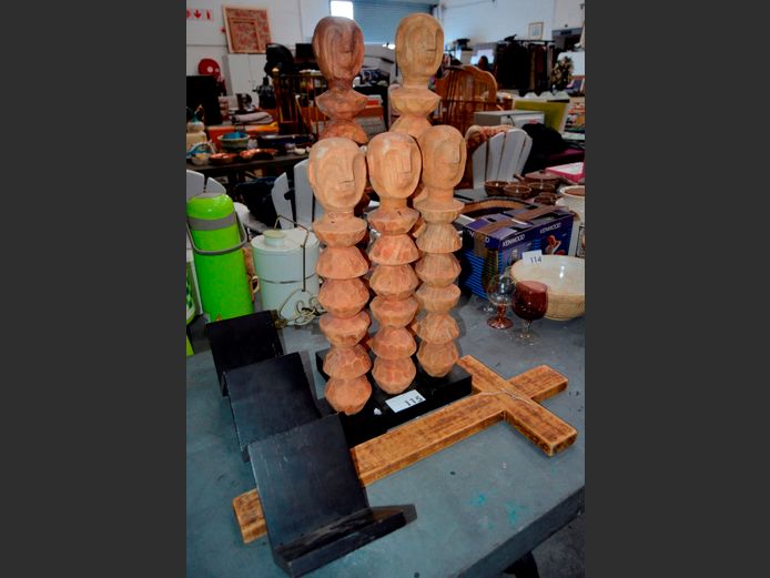WOODEN FIGURINES, 72cm & 55cm High, & A CD RACK, etc