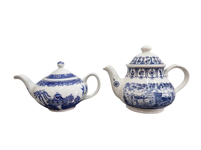 Pair of English Blue & White Transferware Teapots