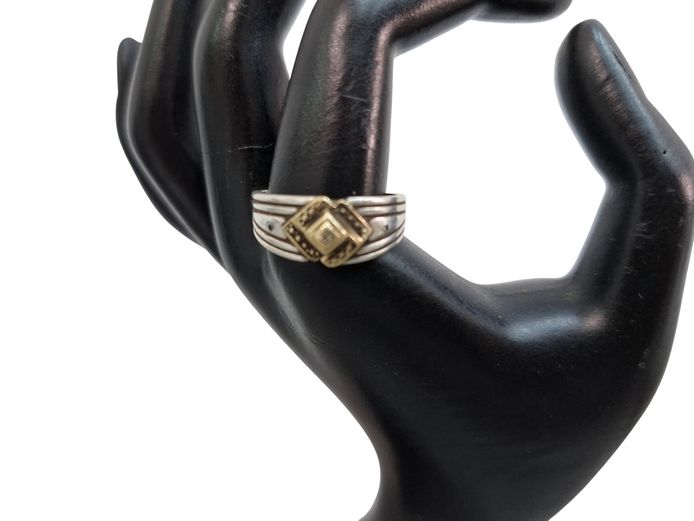 Sterling Silver Two-Tone Geometric Ring with Central Accent