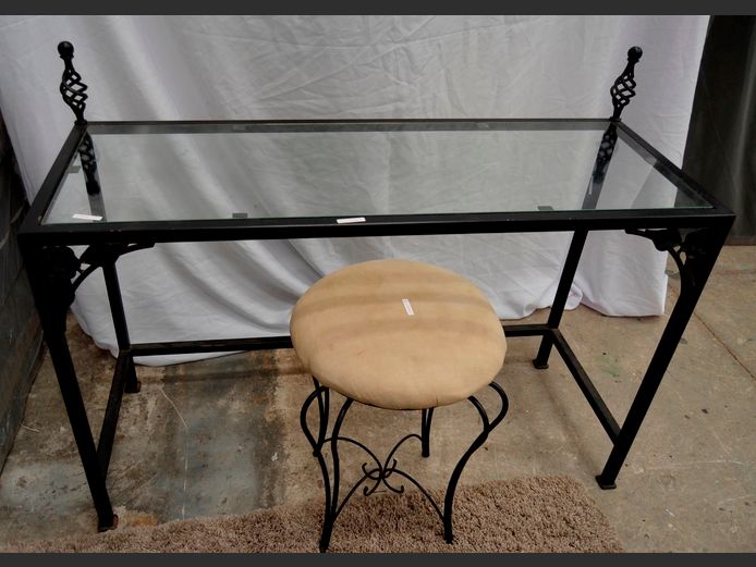 METAL & GLASS TOP DRESSING TABLE, 120 x 45 x 93cm, WITH STOOL,40cm Diameter x 54cm High