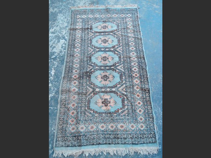 LIGHT BLUE, BLACK & BEIGE RUG, 175 x 90cm [Frayed in places]