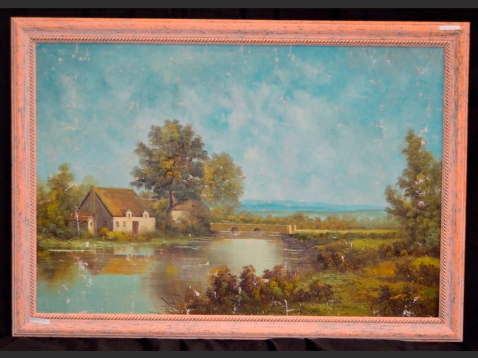 FRAMED OIL ON BOARD "COTTAGES BY BRIDGE", 91 x 60cm [Paint cracking in places]