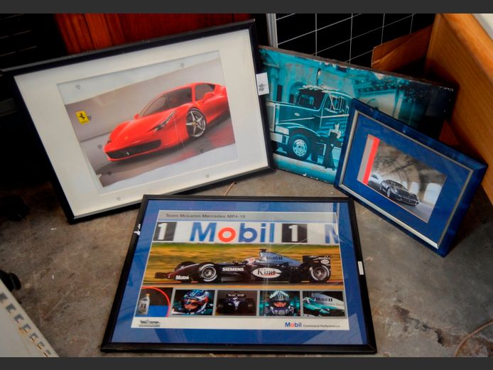 FRAMED POSTERS "FERRARI, McLAREN, MERCEDES", etc
