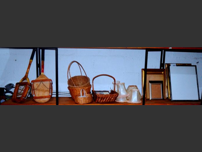 GILT PICTURE FRAMES, WOVEN BASKETS, LAMP SHADES, etc