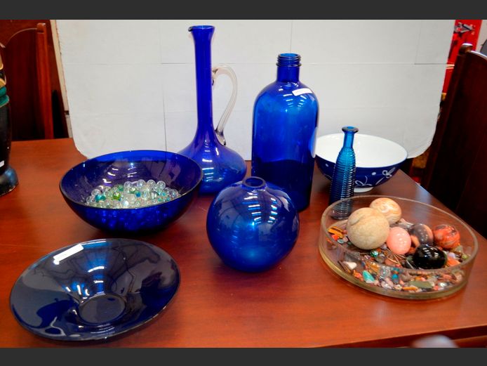 BLUE GLASS BOWLS, PITCHER, etc