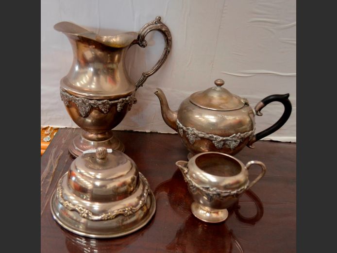 SILVER PLATE: PITCHER, TEAPOT, CREAMER, etc