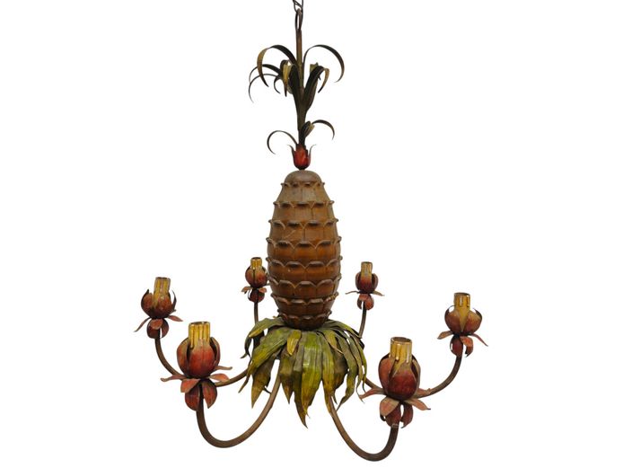 Vintage Carved Wood Hand-Painted Metal Sheet Pineapple Chandelier