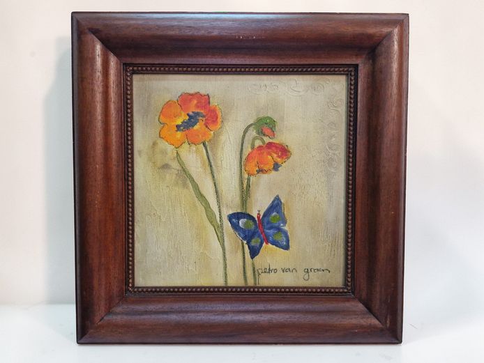 Petro van Graan: "Poppies and Blue Butterfly" Mixed Media