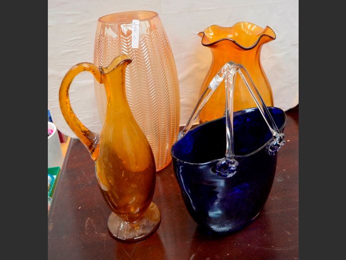 AMBER GLASS VASE, PITCHER, GLASS BASKET, etc