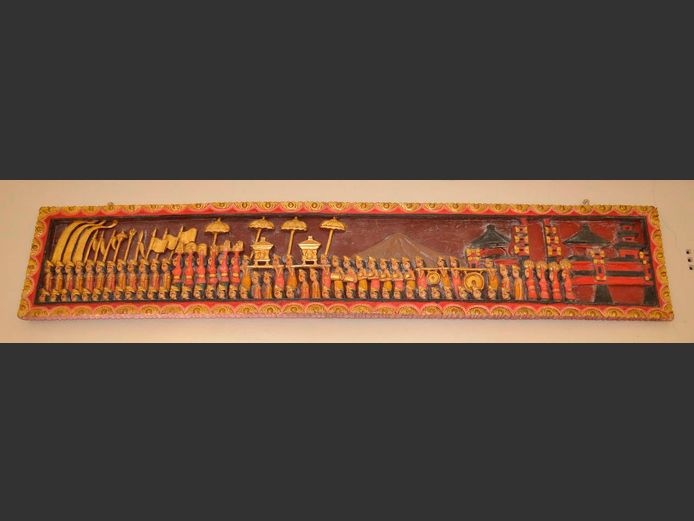 ORNATELY CARVED & PAINTED WALL MOUNT FUNERAL PROCESSION, 202 x 38cm