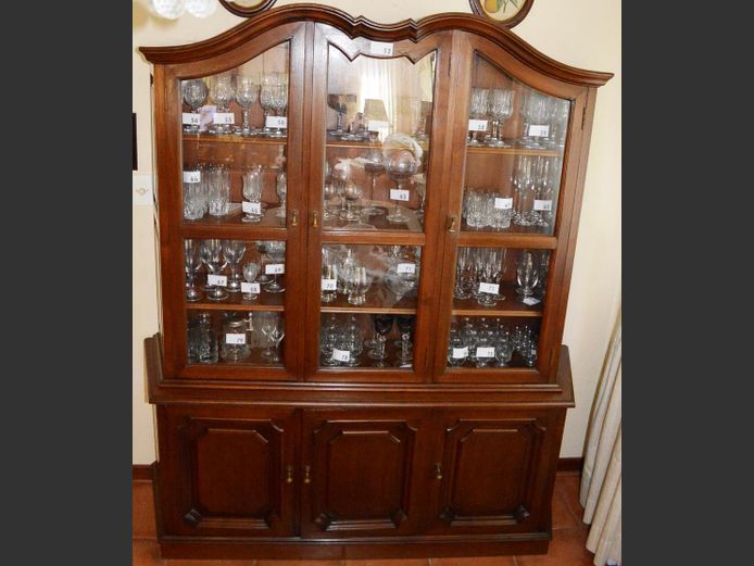 MAHOGANY GABLE TOP DRESSER WITH 3 GLASS DOORS ABOVE 3 SOLID DOORS, 180 x 45 x 205cm [Excludes contents]