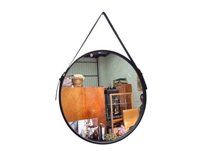 Modern Contemporary Buckled Leather Round Hanging Mirror