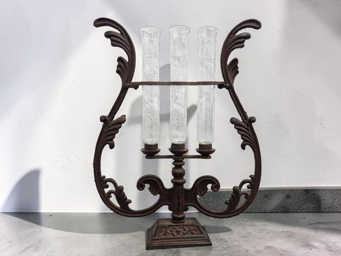 Vintage Lyre-Style Cast Iron Triple Bud Vase