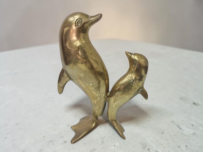 Vintage Solid Brass Double Dolphin Figurine