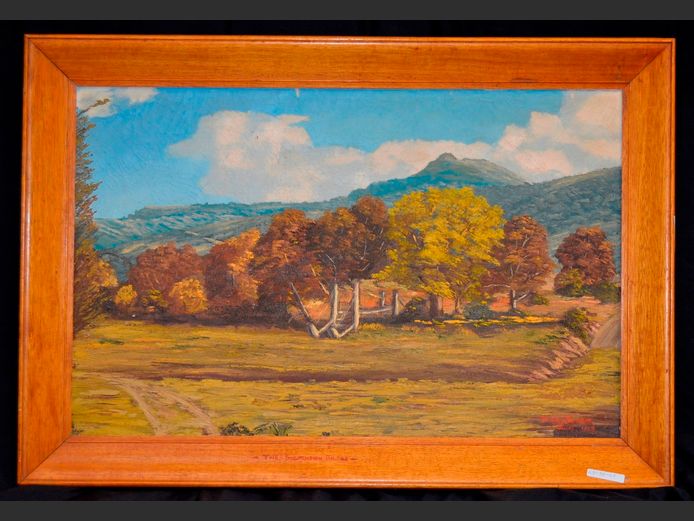 MAHOGANY FRAMED OIL ON CANVAS "THE SUSPENSION BRIDGE" SIGNED BOBBY BOWEN, 69 x 44cm