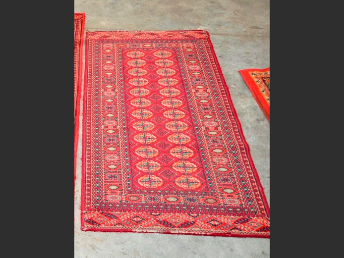 BURGUNDY, BLUE & BEIGE RUG, 150 x 85cm [Some wear]