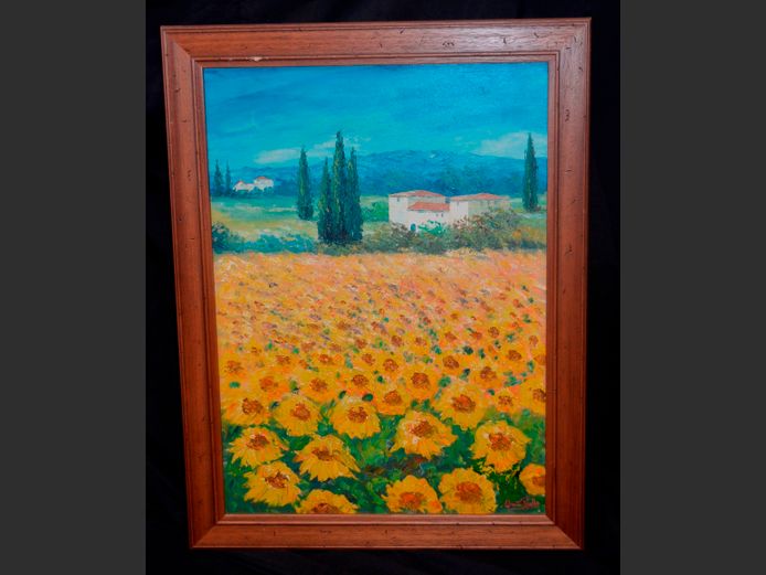 FRAMED OIL ON BOARD "FIELD OF SUNFLOWERS", 72 x 52cm