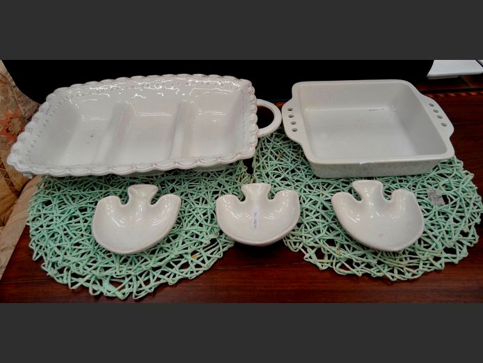 @HOME OVEN/SERVING DISH, WHITE CERAMIC SNACK PLATTER [1 Handle broken], etc
